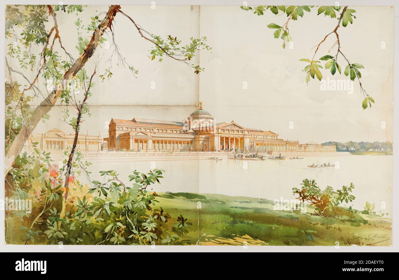 Exterior view of the Palace of Fine Arts and lagoon at the World's