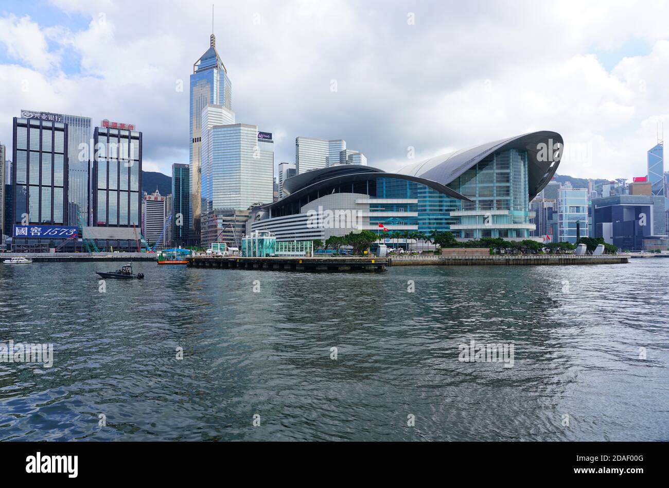 HONG KONG -29 JUN 2019- View of a Hong Kong police boat in the Victoria between Hong Kong and Kowloon in front of the Wan Chai Convention Center in Ju Stock Photo