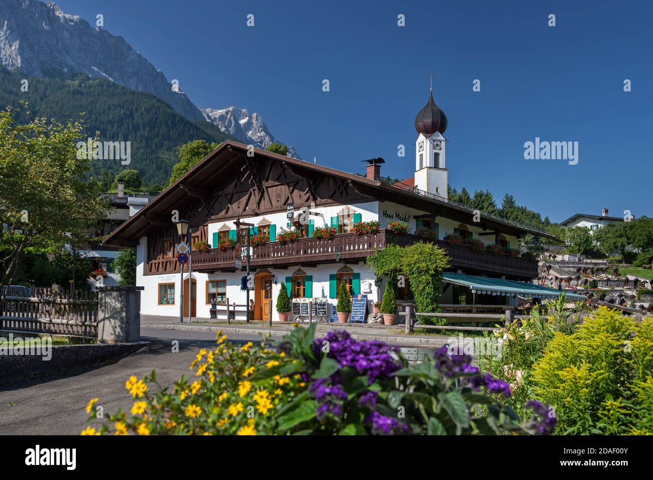 geography / travel, Germany, Bavaria, Grainau, church St. Johannes in Grainau in front of Zugspitze (p, Additional-Rights-Clearance-Info-Not-Available Stock Photo