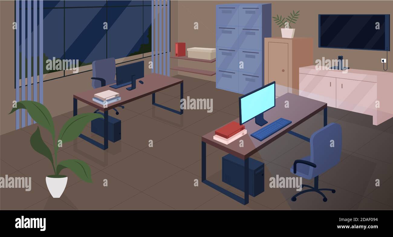 Open space office at night flat color vector illustration Stock Vector ...