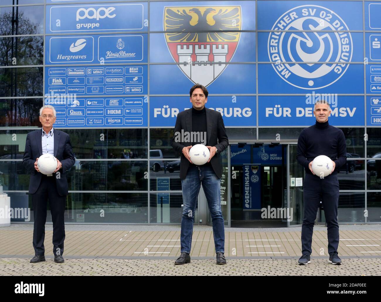 Duisburg Germany 12th Nov 2020 Soccer 3rd League Msv Duisburg Introduces The New Coach Gino Lettieri In Front Of The Schauinsland Reisen Arena The New Coach Of Msv Duisburg Gino Lettier R I Together With