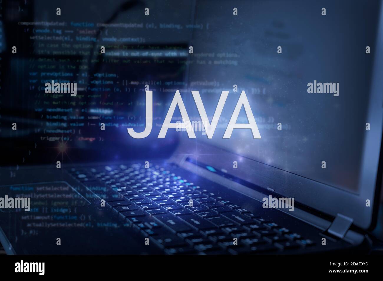 Java inscription against laptop and code background. Learn java programming language, computer courses, training. Stock Photo