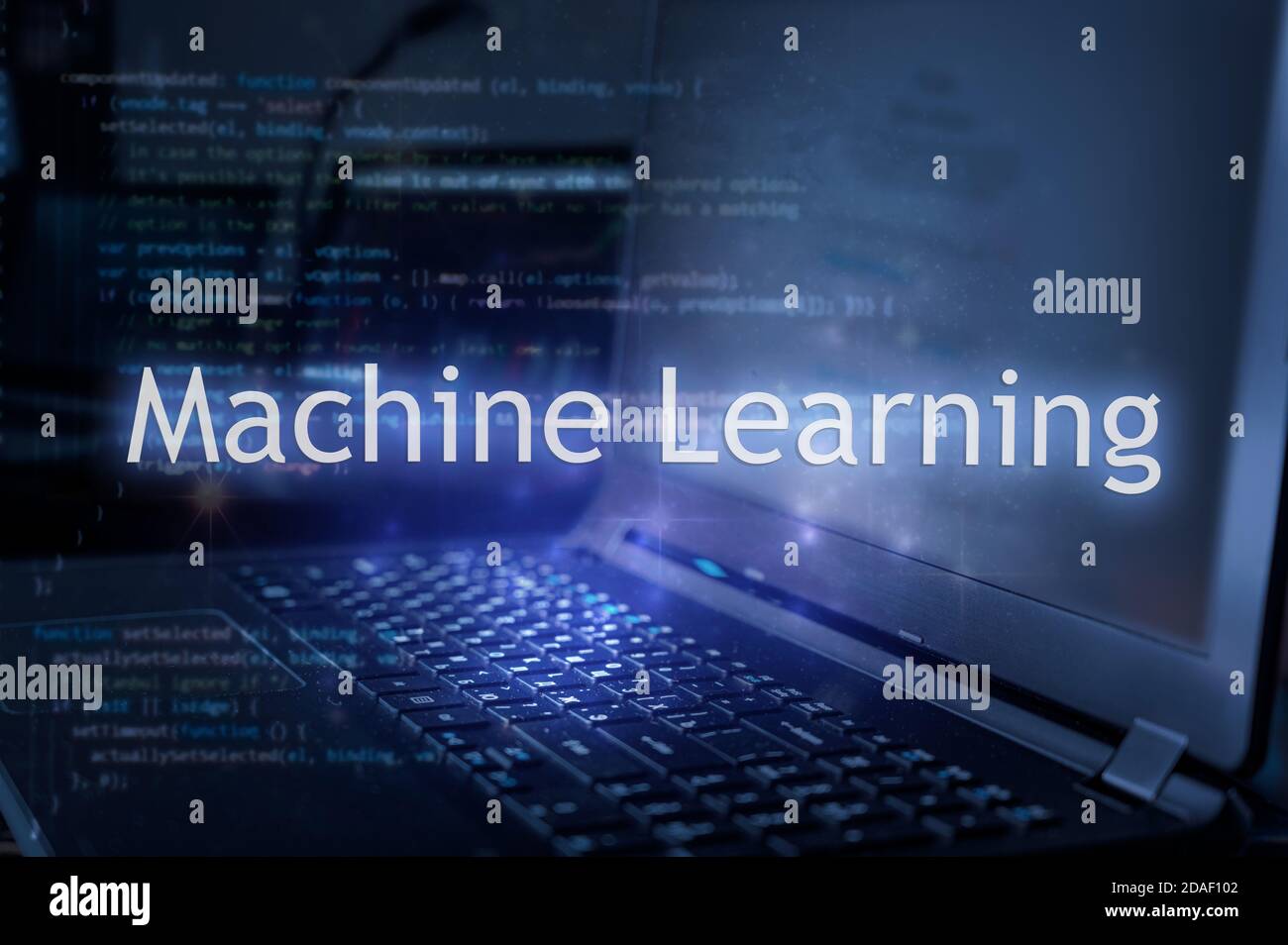 Machine learning inscription against laptop and code background. Learn machine learning programming language, computer courses, training. Stock Photo