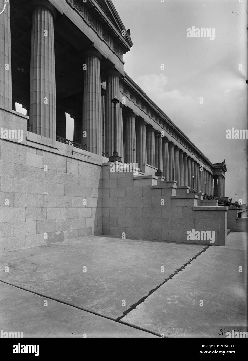 East half vista outside columns, at Soldier Field or Grant Park Stadium, architect Holabird and Roche, in Chicago, Illinois, circa 1924. Stock Photo