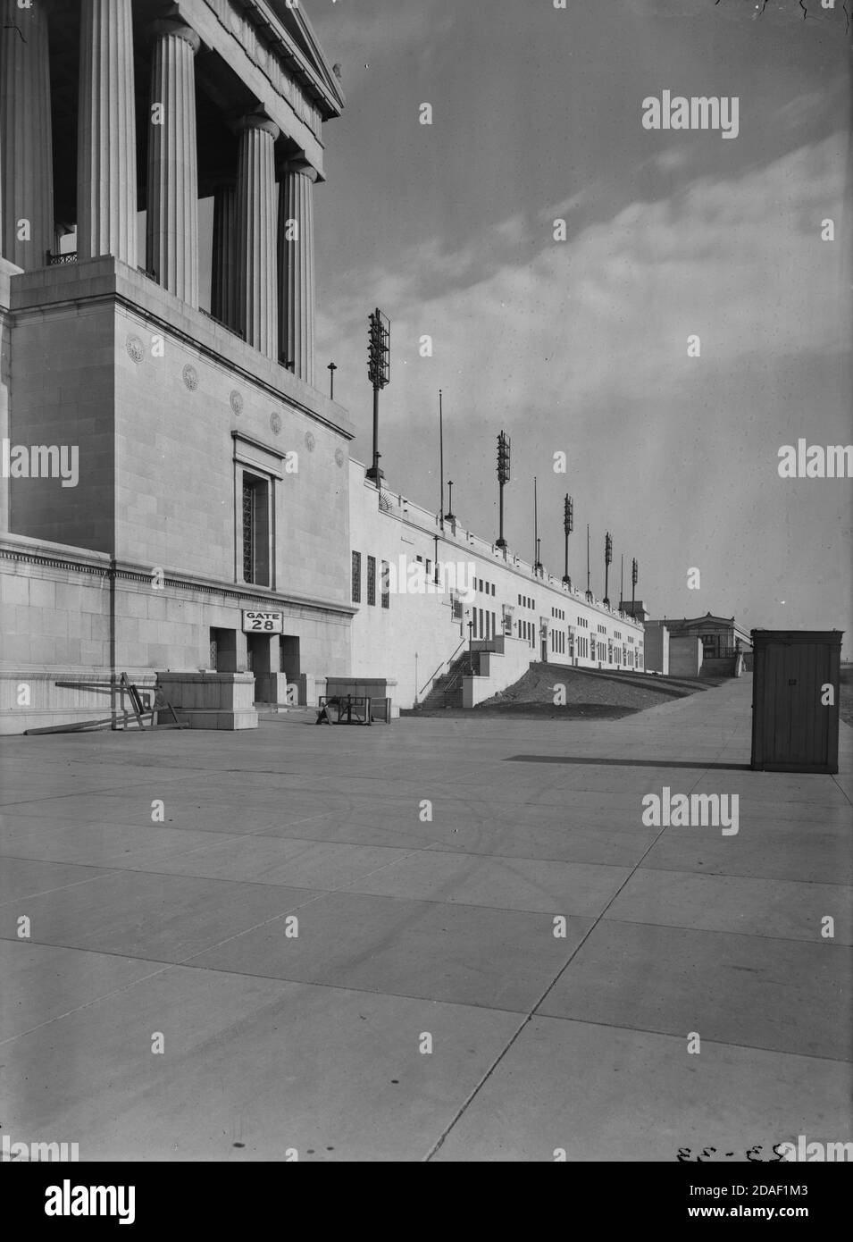 East elevation from south of Soldier Field or Grant Park Stadium, architect Holabird and Roche, in Chicago, Illinois, circa 1924. Stock Photo