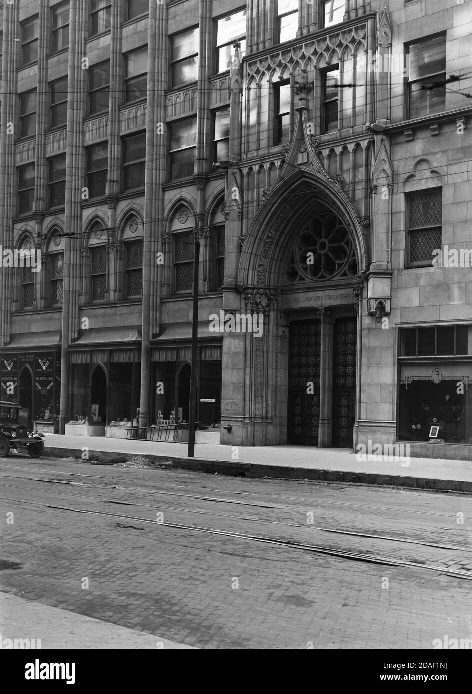 Exterior of Clark Street entrance to Chicago Temple Building, architect Holabird and Roche, in Chicago, Illinois, circa 1923-1936. Stock Photo