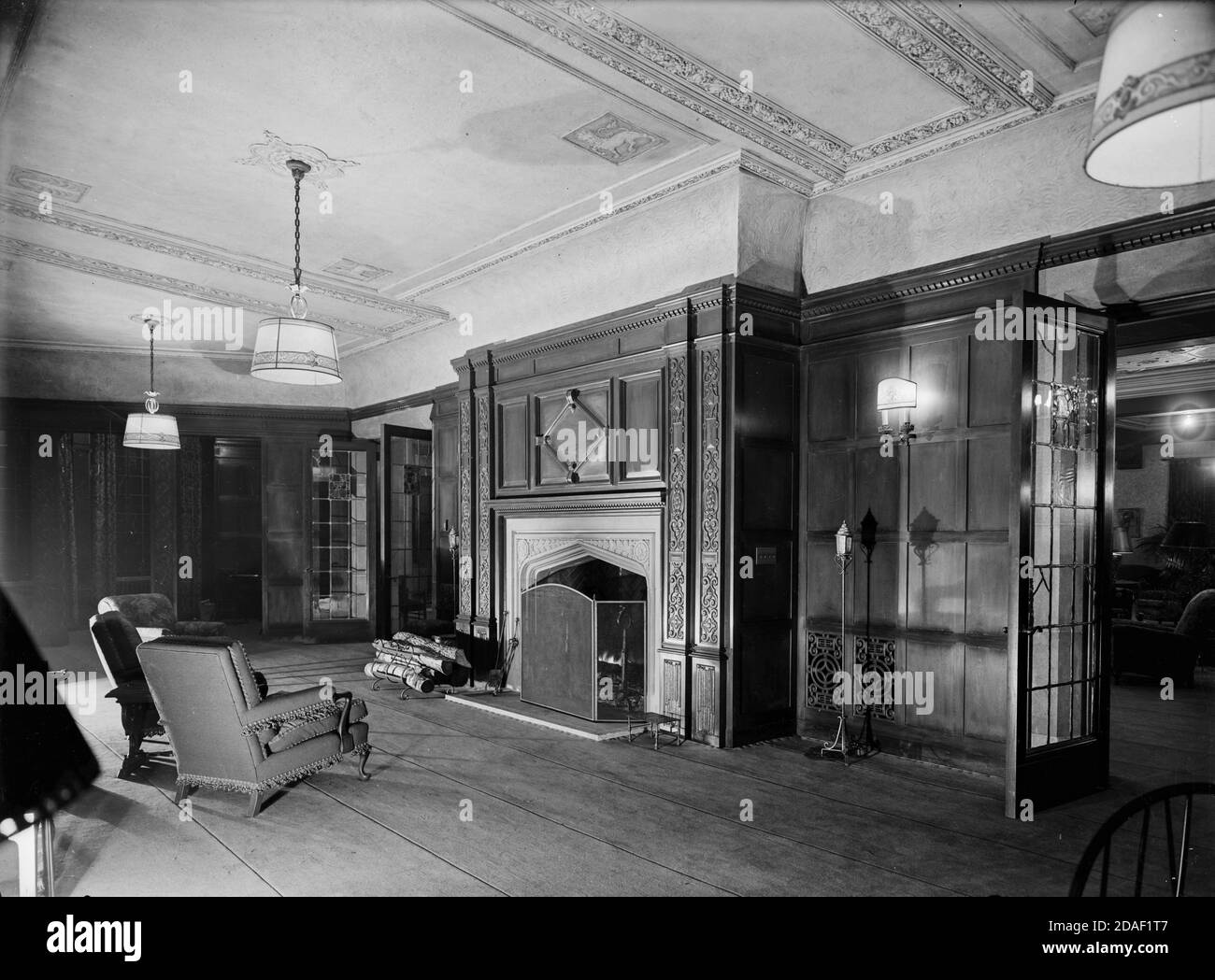 Library fireplace and mantel in Furniture Club of America, architect Max Dunning, Chicago, Illinois, circa 1923-1936. Stock Photo