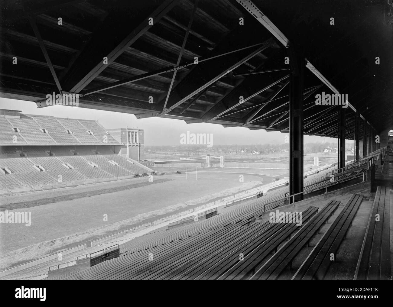 View of field from bleachers showing both sides of bleachers at Illinois Stadium, architect Holabird and Roche, Champaign, Illinois,  circa 1923. Stock Photo