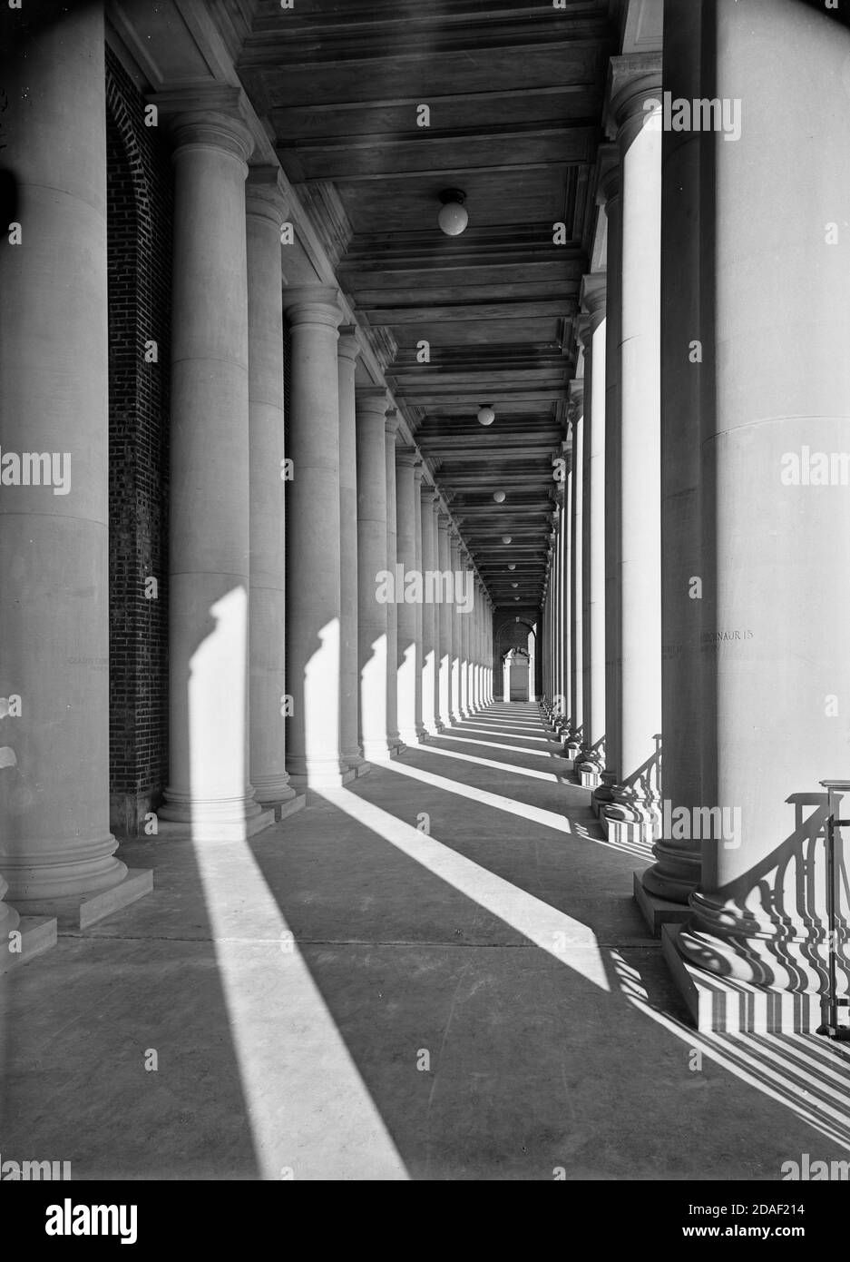 Interior corridor showing columns at Illinois Stadium, architect Holabird and Roche, Champaign, Illinois,  circa 1923. Stock Photo