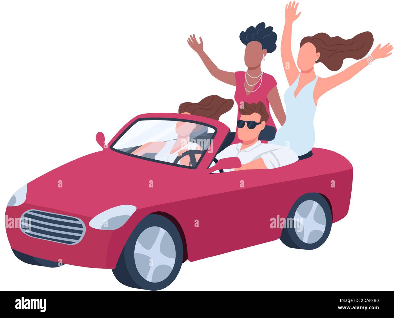 Attractive man in car surrounded by girls flat color vector faceless character Stock Vector