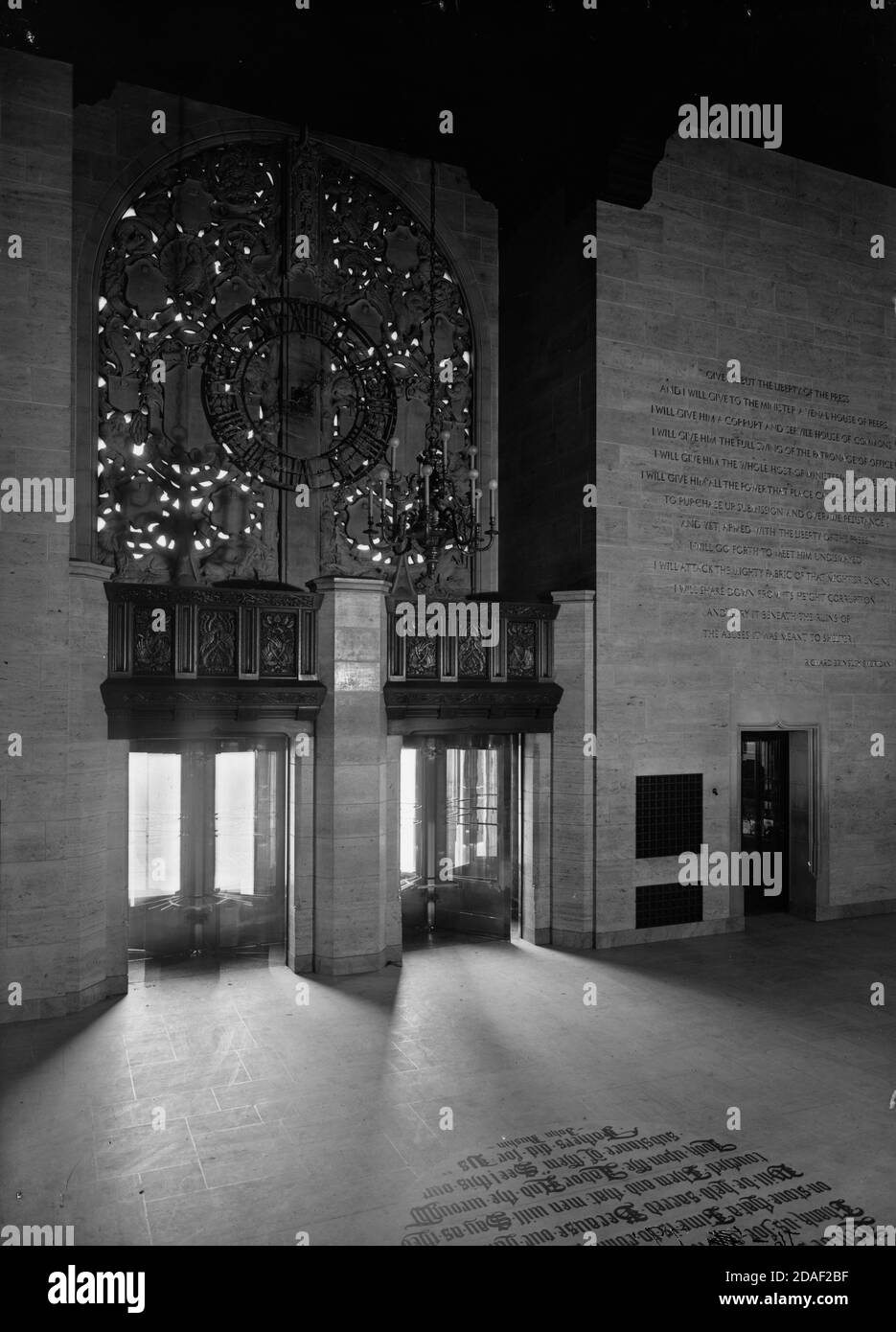 Interior view of entrance to Tribune Tower, showing John Ruskin quotation, architect Howells and Hood, in Chicago, Illinois, circa 1925-1936. Stock Photo