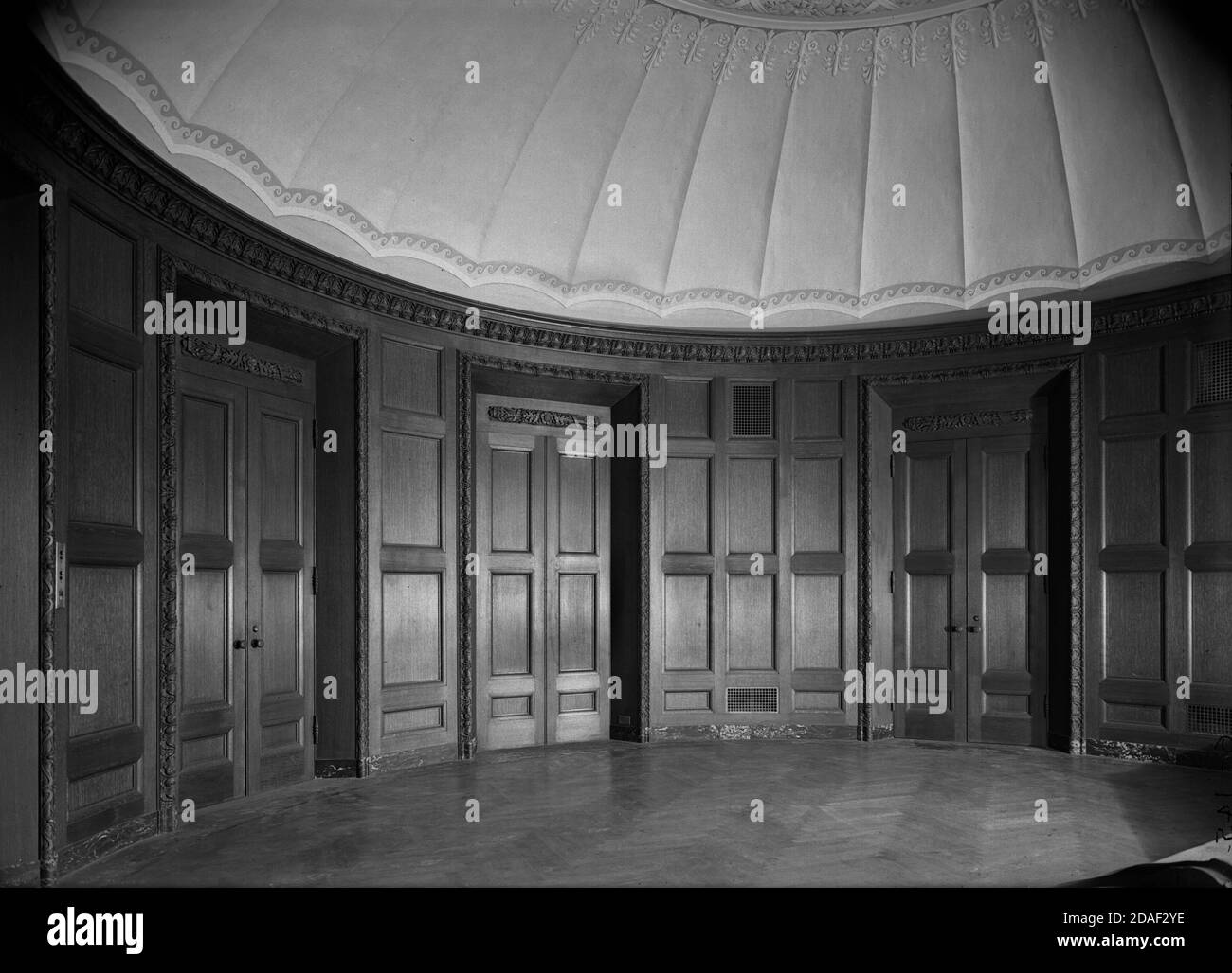 Interior detail with series of doors at Elks National Veterans Memorial, 2750 North Lakeview Avenue in Chicago, Illinois, circa 1923-1936. Stock Photo