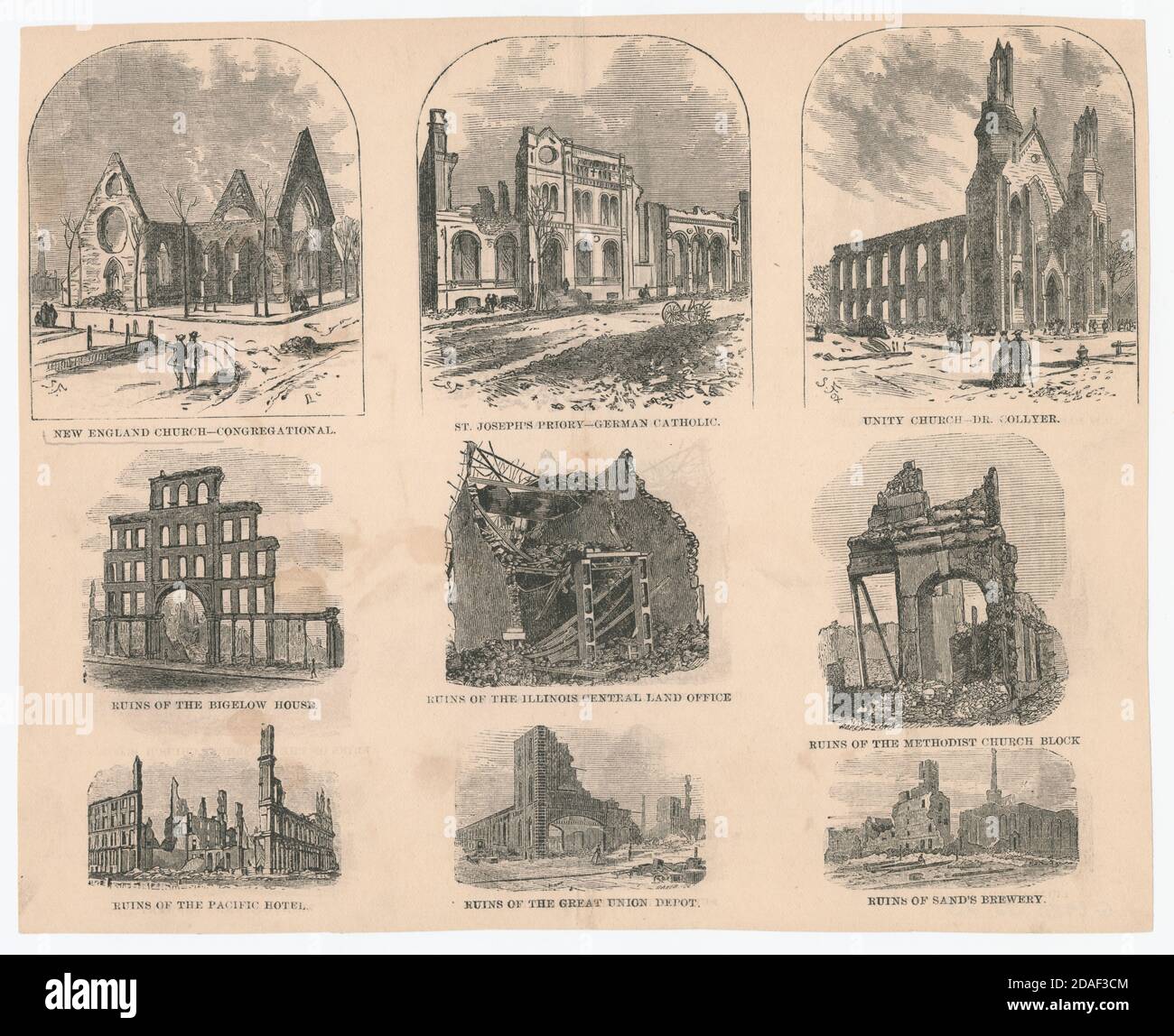 The ruins of churches destroyed in the Chicago Fire of 1871. Stock Photo