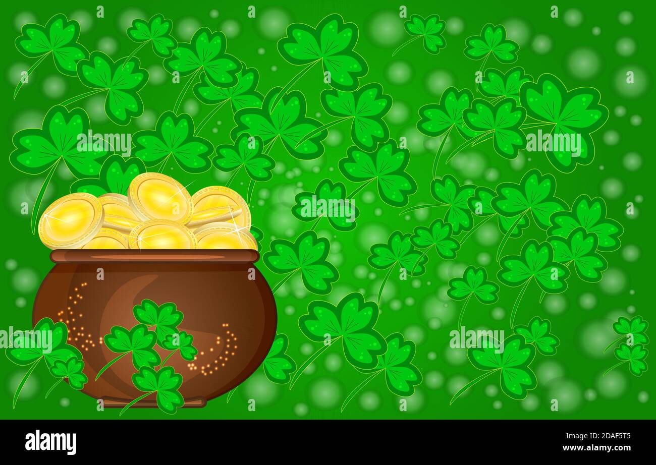 Saint Patricks day card with pot full of golden coins and shamrock.  Patrick's Day banner with gold in pot and copy space in clover background. Vector Stock Vector
