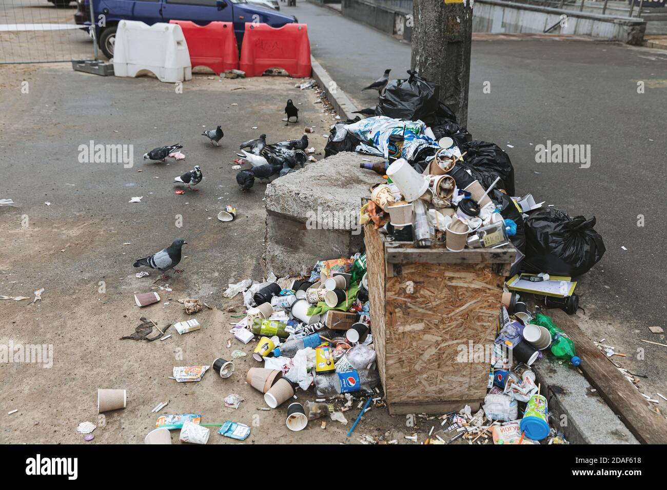 Kyiv, Ukraine Nov 16, 2019 Piles of garbage on the streets of Kyiv. Garbage dump outdoors