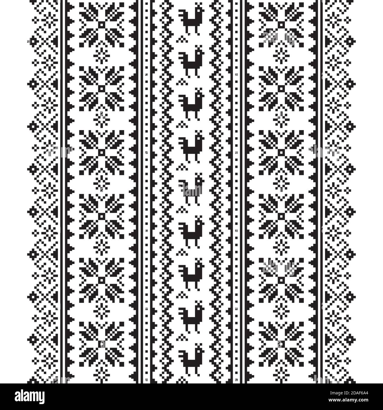 Ukrainian, Belarusian folk art vector seamless pattern in black and white, inspired by traditional cross-stitch design Vyshyvanka Stock Vector