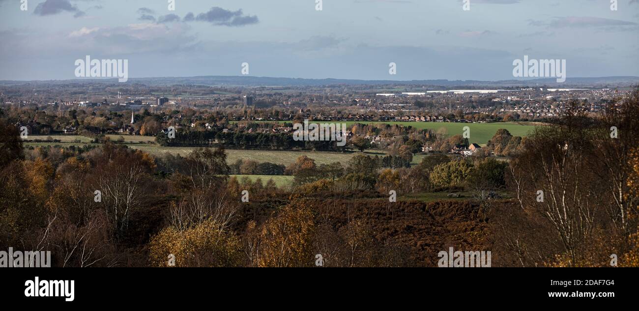 Stafford town viewed from Cannock Chase. Stafford is the county town of Staffordshire through which passes the M6 motorway, and houses Stafford Gaol Stock Photo