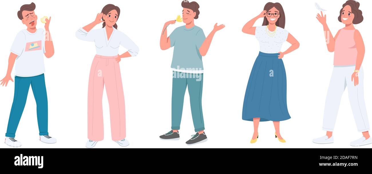 Five senses flat color vector faceless character set Stock Vector