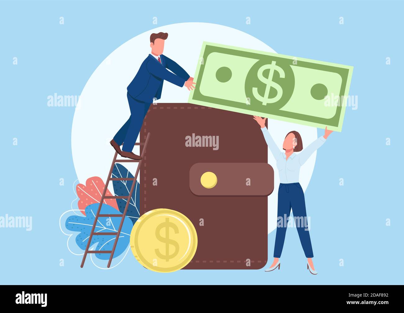 People filling wallet with money flat concept vector illustration Stock Vector