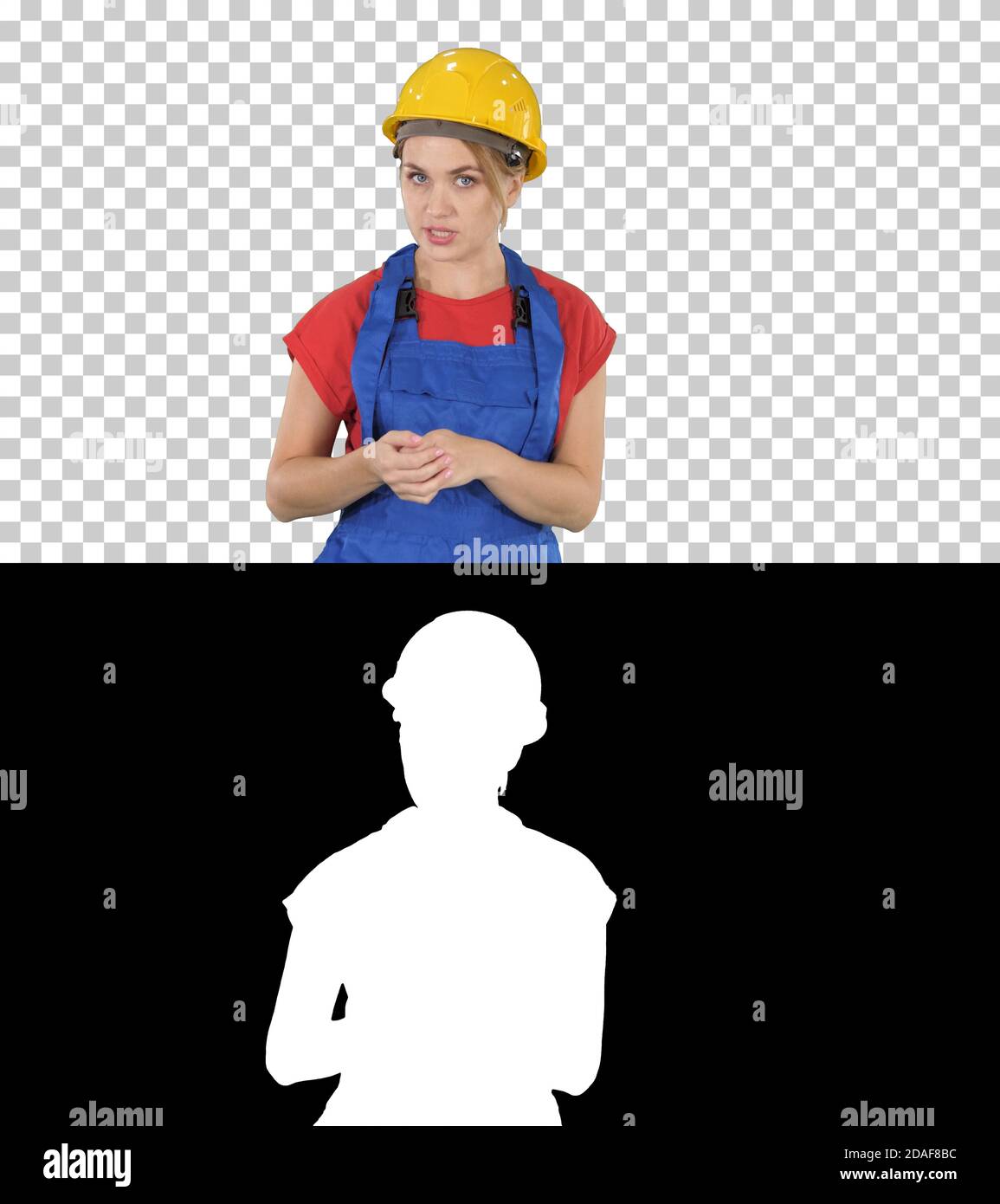 Construction female worket explaining her ideas to camera, Alpha Stock Photo