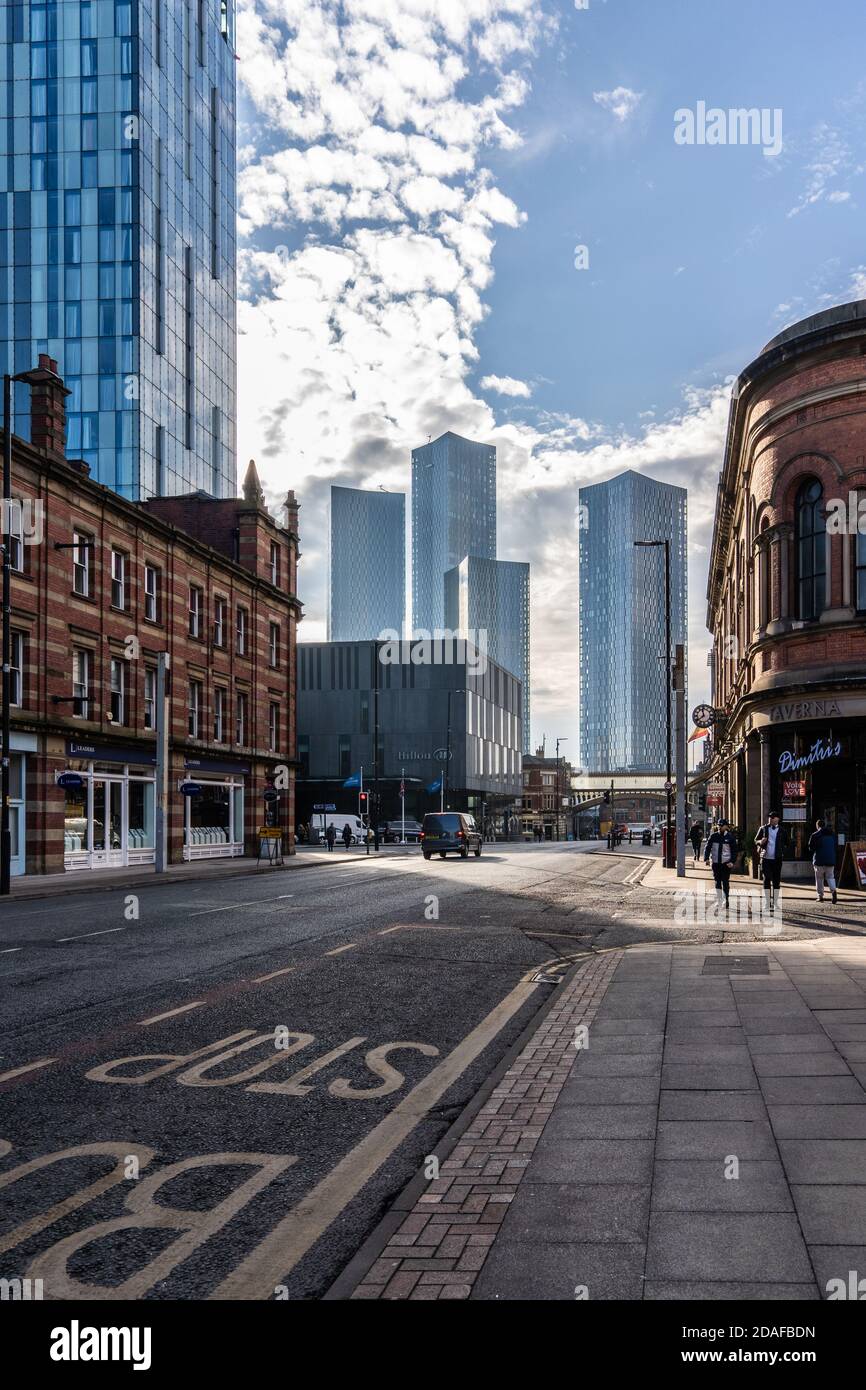 against the light shot looking south down deansgate towards the towers of deansgate square Stock Photo