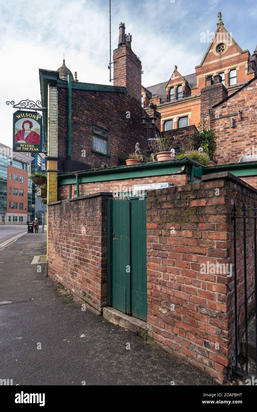 The back of the Peveril of the Peak public house, Manchester showing the pub sign and the roof garden Stock Photo
