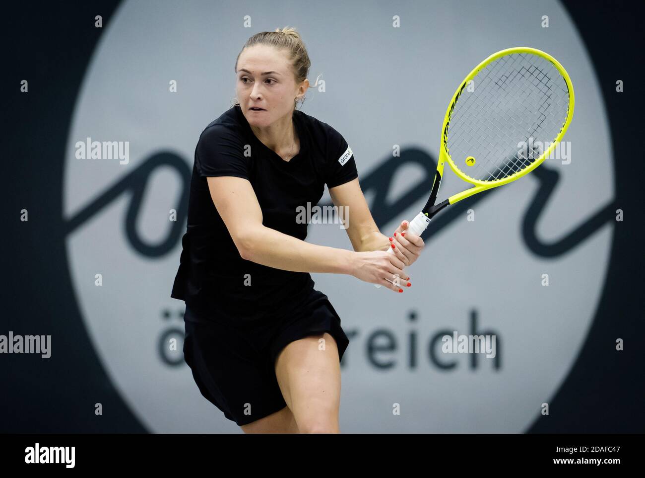 Aliaksandra Sasnovich of Belarus in action against Bernarda Pera of the United States during the first round at 2020 Upper Austria Ladies Linz WTA I P Stock Photo