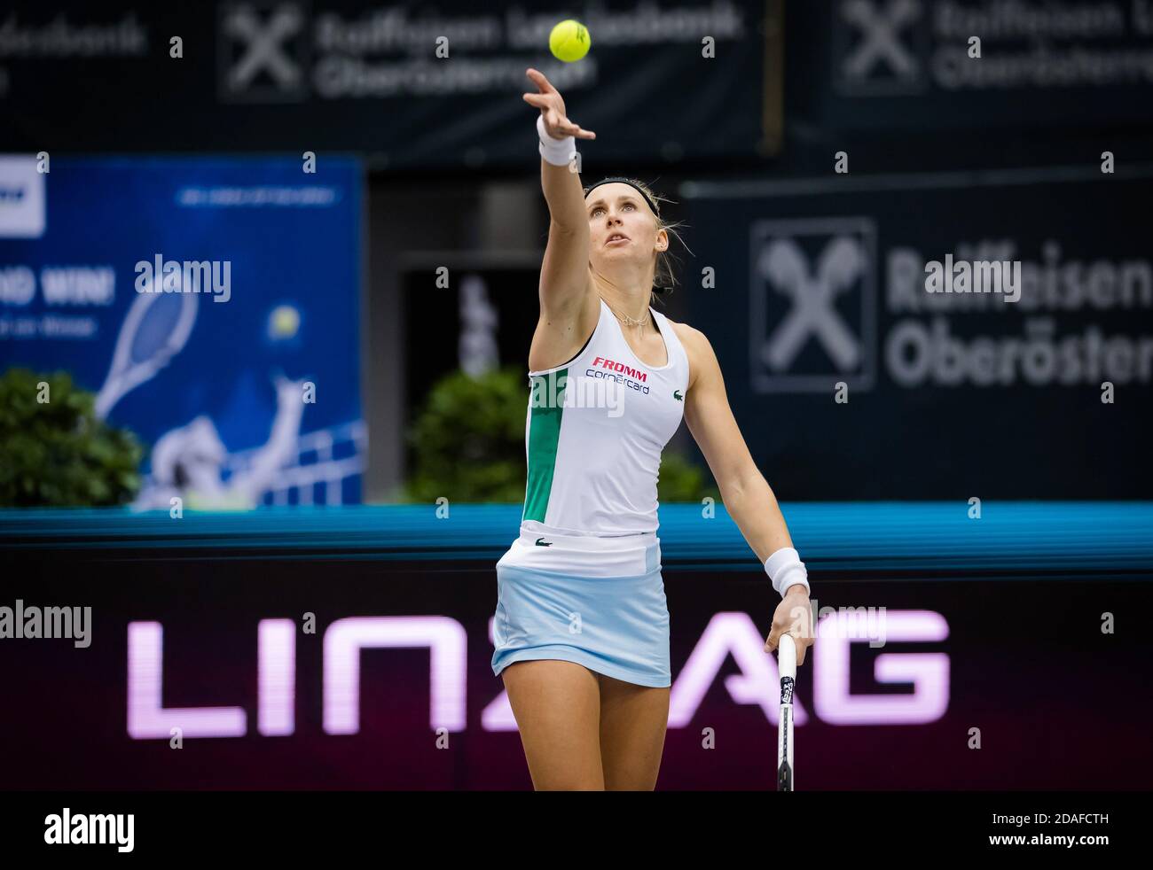 Jil Teichmann of Switzerland in action against Oceane Dodin of France during the first round at the 2020 Upper Austria Ladies Linz WTA International P Stock Photo