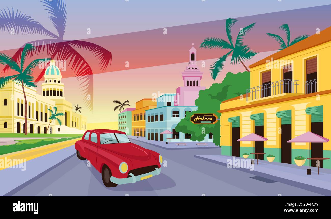 Havana landscape flat color vector illustration Stock Vector