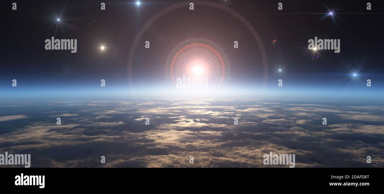 sunrise from space, stars and sun, 3d render illustration Stock Photo ...