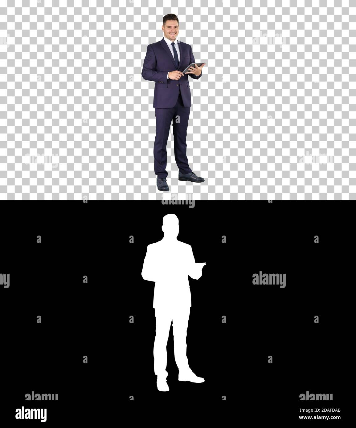 Expressive young businessman with tablet presenting something sw Stock Photo
