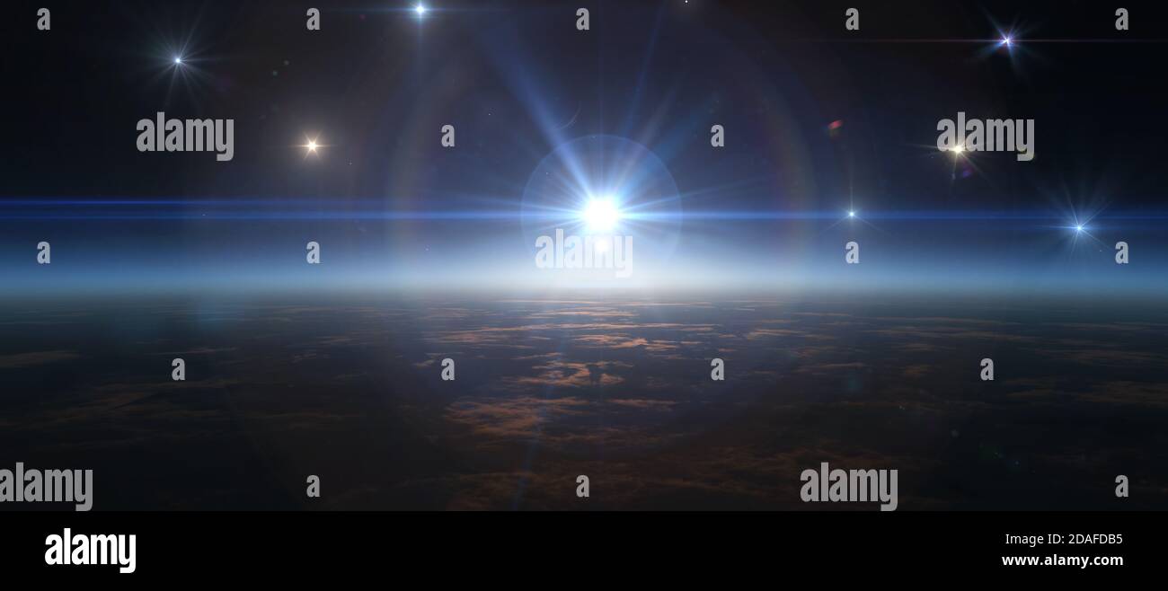 sunrise from space, stars and sun, 3d render illustration Stock Photo ...