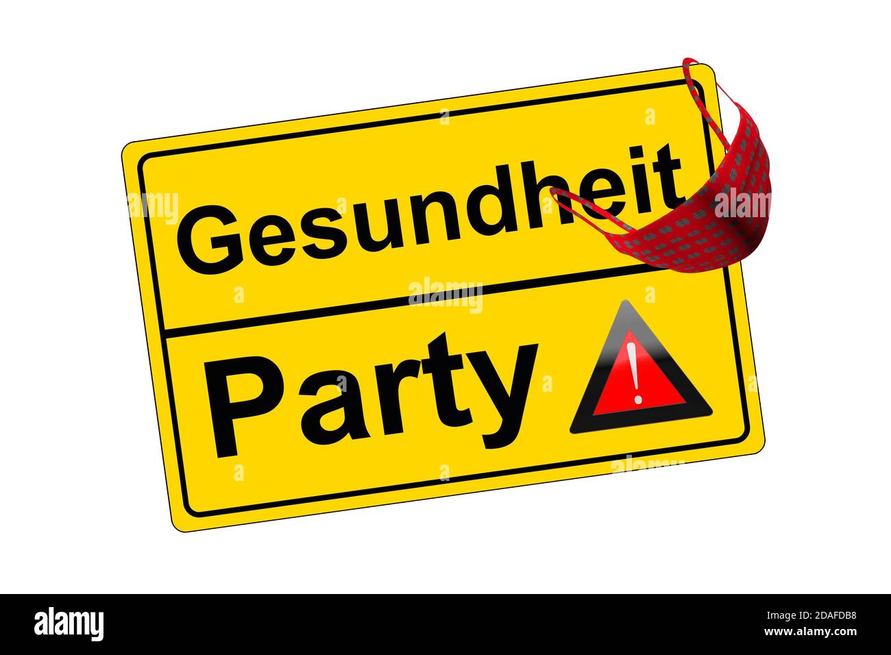 Ortschild isoliert auf weiß Party canceled kontra Gesundheit Stock Photo