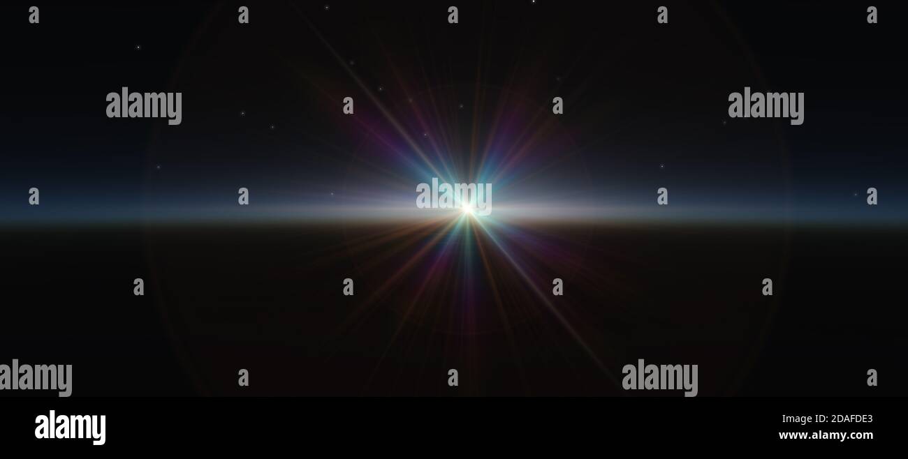 sunrise from space, stars and sun, 3d render illustration Stock Photo ...