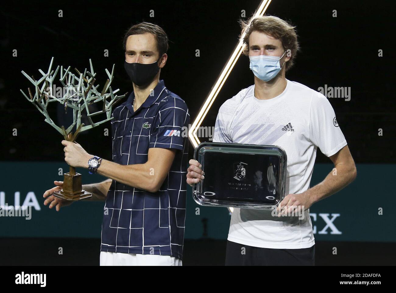 Winner Daniil Medvedev of Russia, finalist Alexander Zverev of Germany during the trophy ceremony of the men&#039;s final on day 7 of the Rolex Pari P Stock Photo