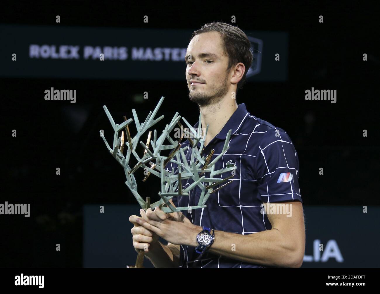 Winner Daniil Medvedev of Russia during the trophy ceremony of the menand#039;s final on day 7 of the Rolex Paris Masters 2020, ATP Masters 1000 on No P Stock Photo