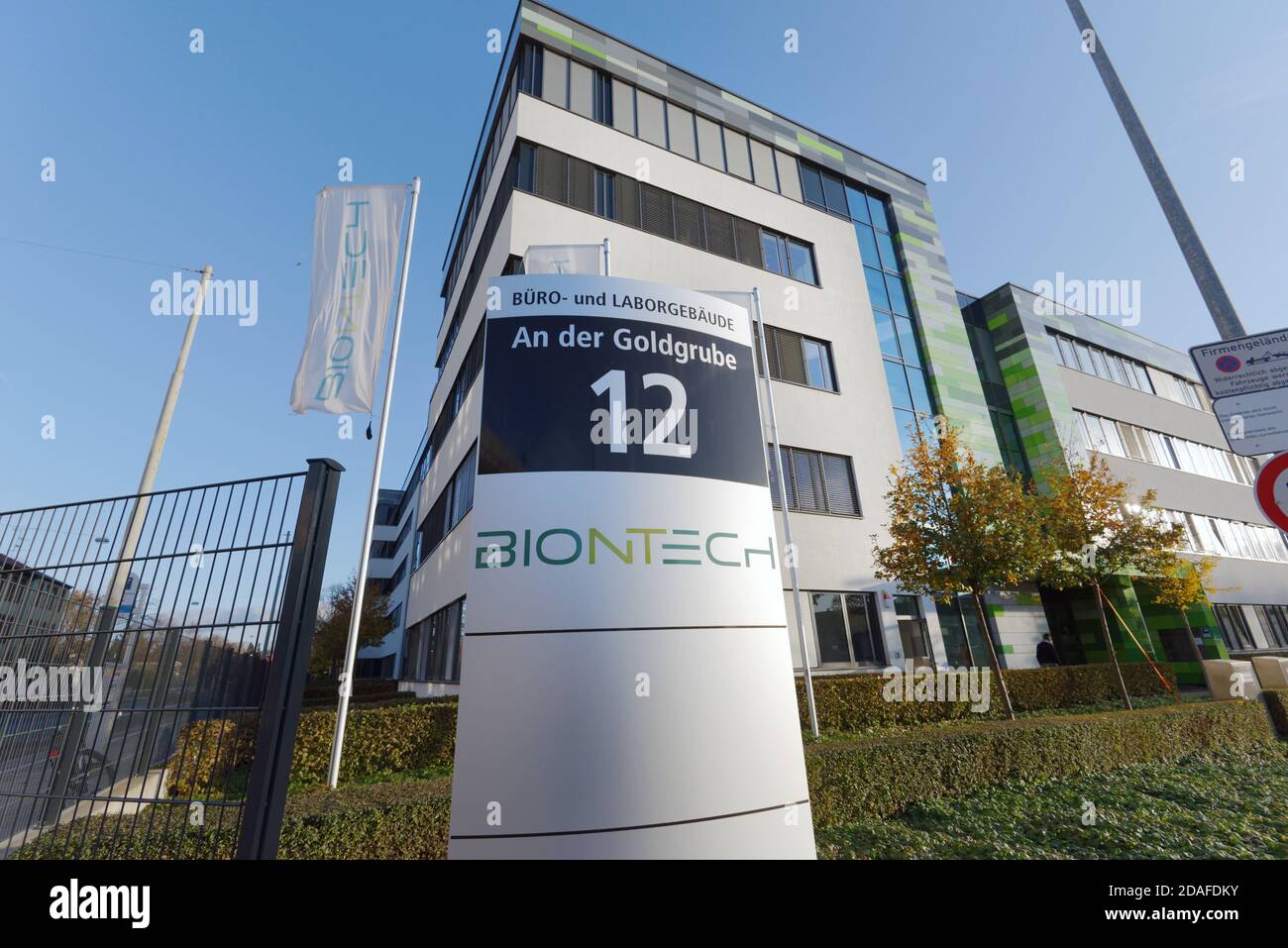 Mainz, Germany - November 12, 2020: The german biotechnology company Biontech conducts research in the field of developing a vaccine against Covid-19. Stock Photo