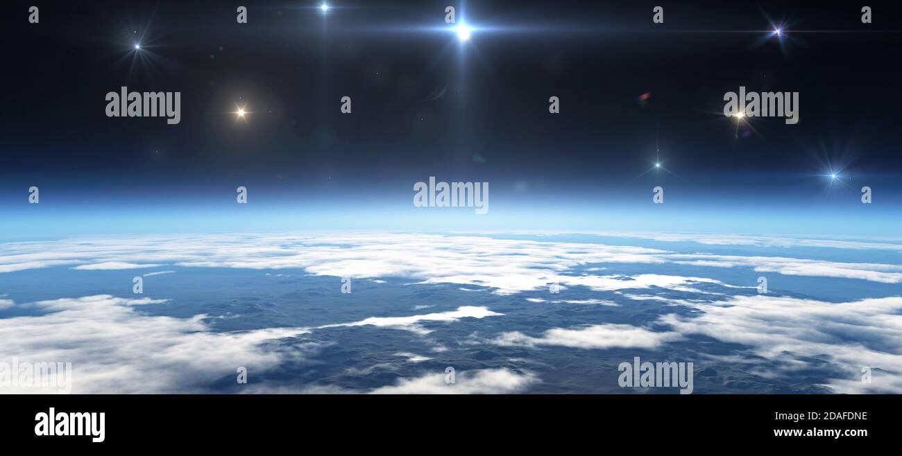 sunrise from space, stars and sun, 3d render illustration Stock Photo ...