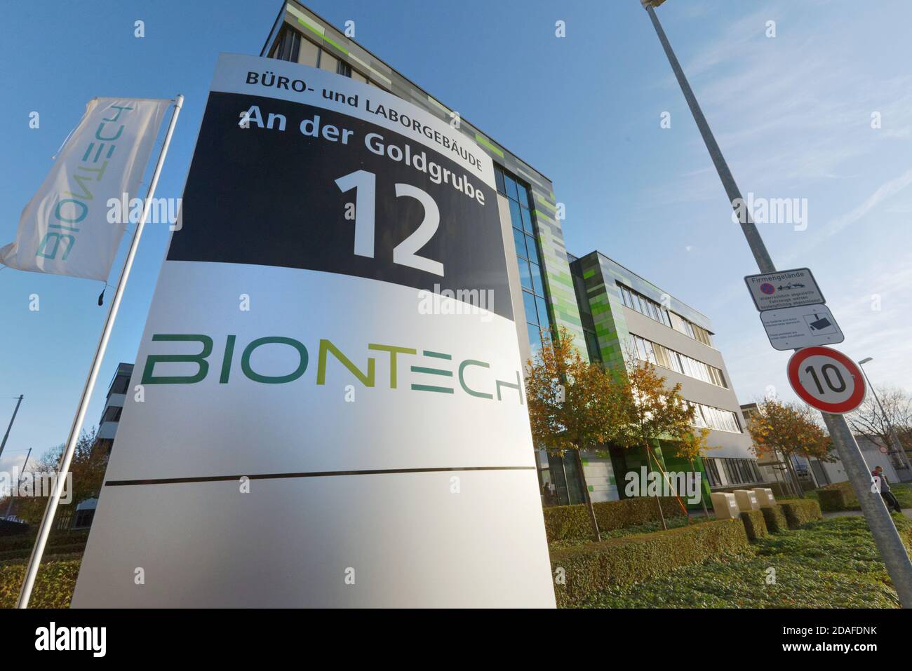 Mainz, Germany - November 12, 2020: The german biotechnology company Biontech conducts research in the field of developing a vaccine against Covid-19. Stock Photo