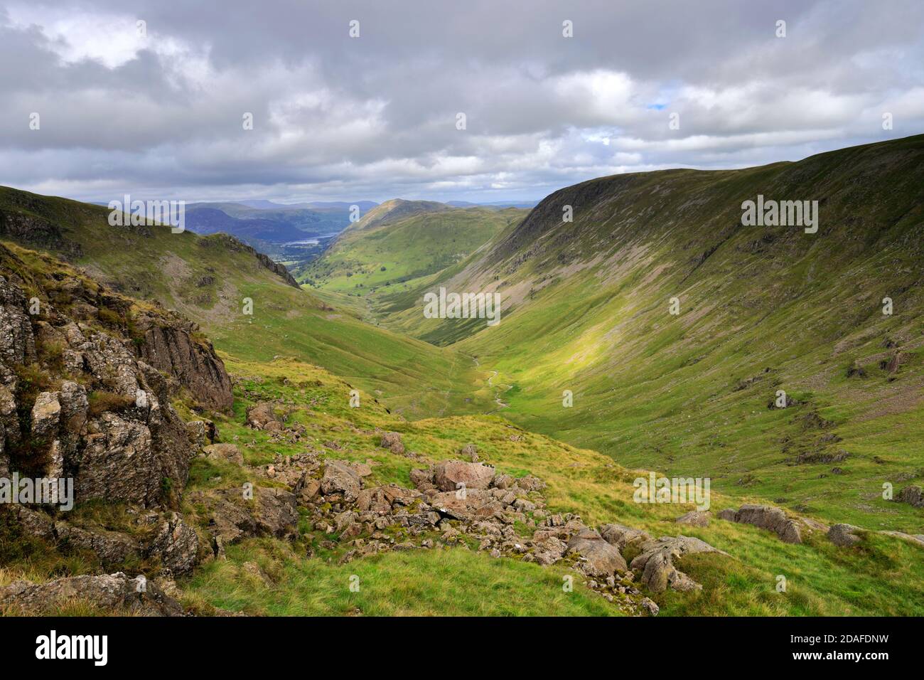 View from Threshthwaite Mouth along the Troutbeck valley, Kirkstone pass, Lake District National Park, Cumbria, England, UK Stock Photo