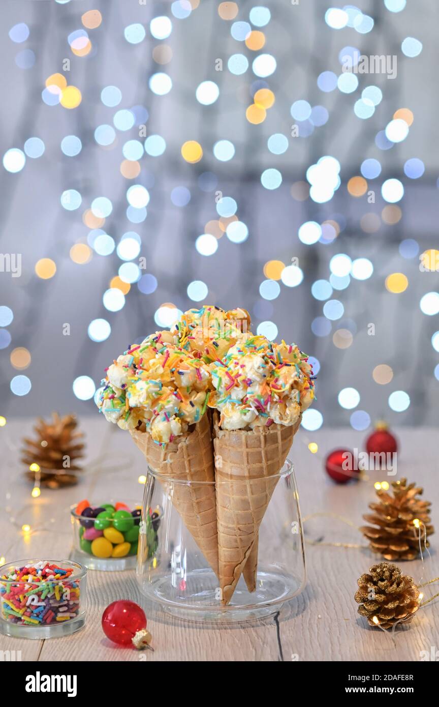 Popcorn Ball Ice Cream Cones and Lights Stock Photo Alamy
