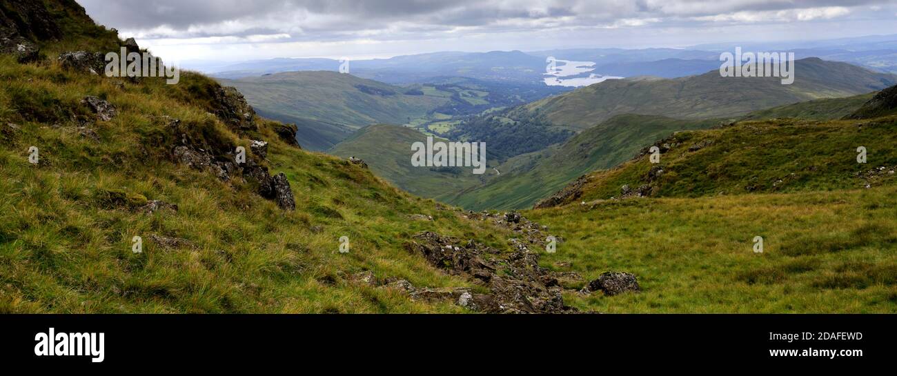 View from Threshthwaite Mouth along the Troutbeck valley, Kirkstone pass, Lake District National Park, Cumbria, England, UK Stock Photo