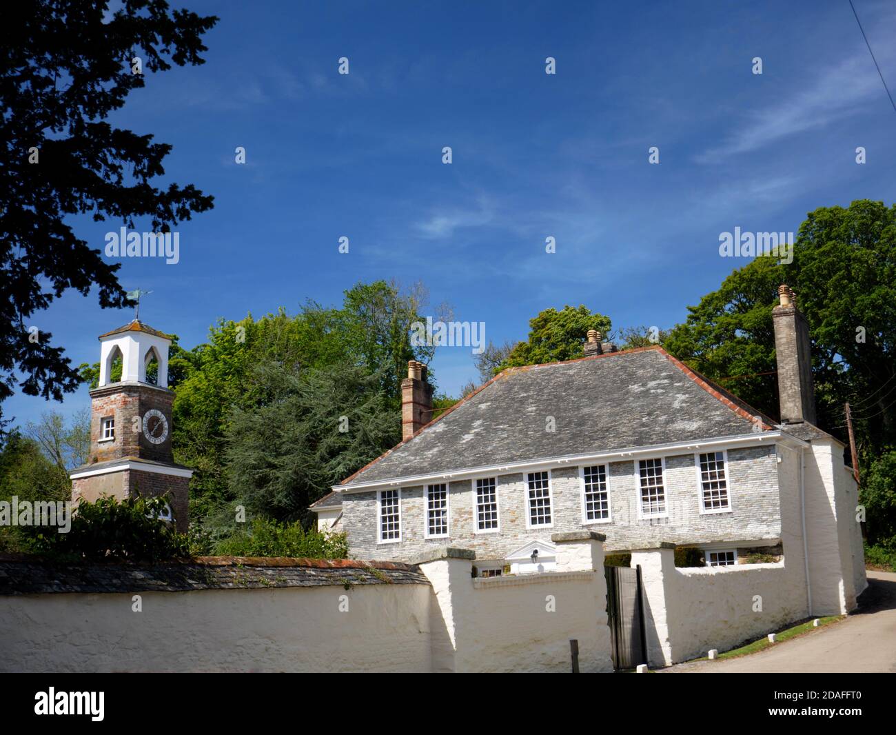 Calenick House and clock tower, Truro, Cornwall. In the C19 housed the offices of Sir William Lemon's tin smelting works. Stock Photo