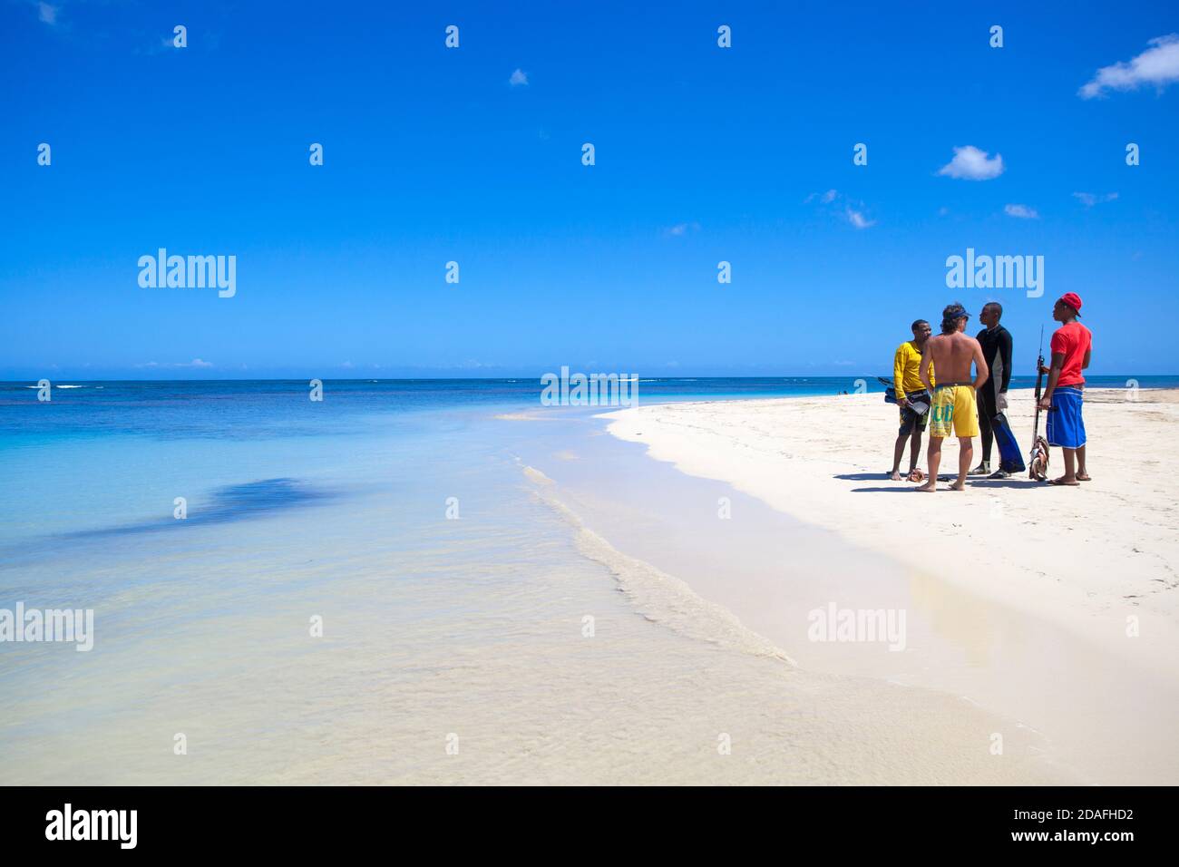 Dominican Republic, Samana Peninsula, Las Terrenas, Tourist talking to