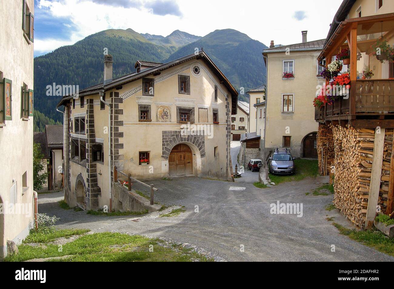 Traditional house in the ancient and small village of Ardez, Scuol municipality, Engadin valley, Graubunden canton, Switzerland, Europe Stock Photo