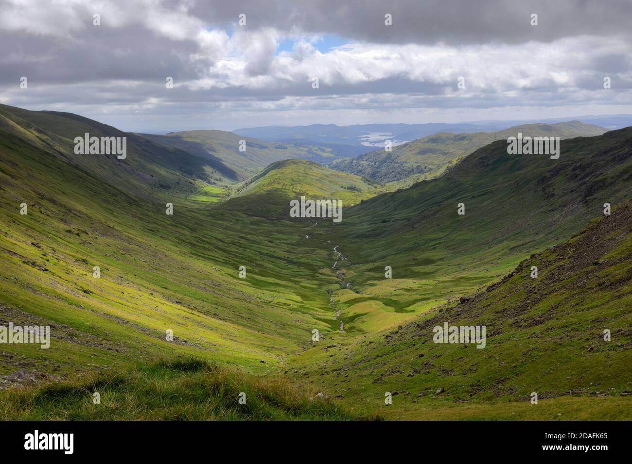 View from Threshthwaite Mouth along the Troutbeck valley, Kirkstone pass, Lake District National Park, Cumbria, England, UK Stock Photo