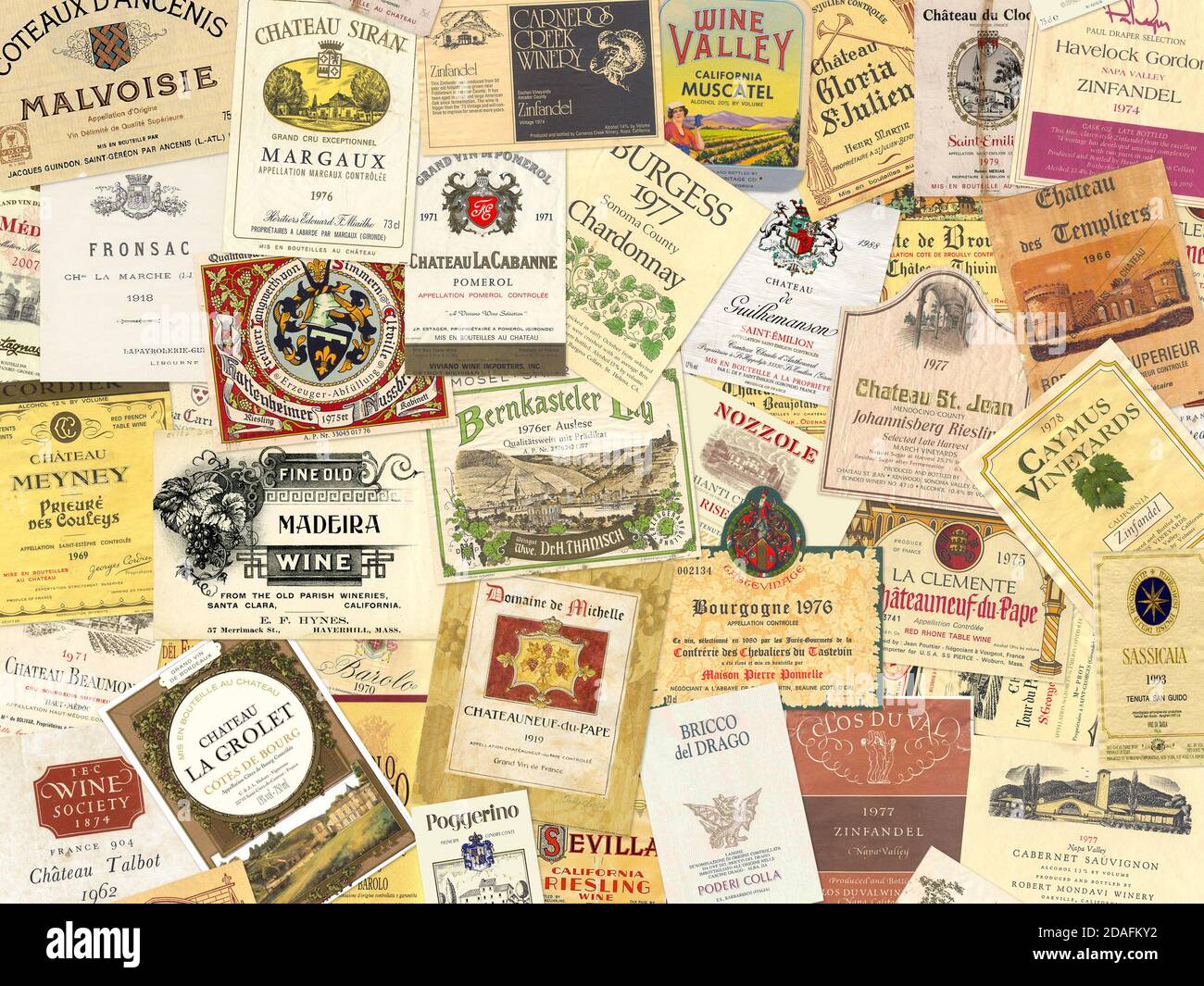 Collection of old wine bottle labels, retro winery background Stock Photo