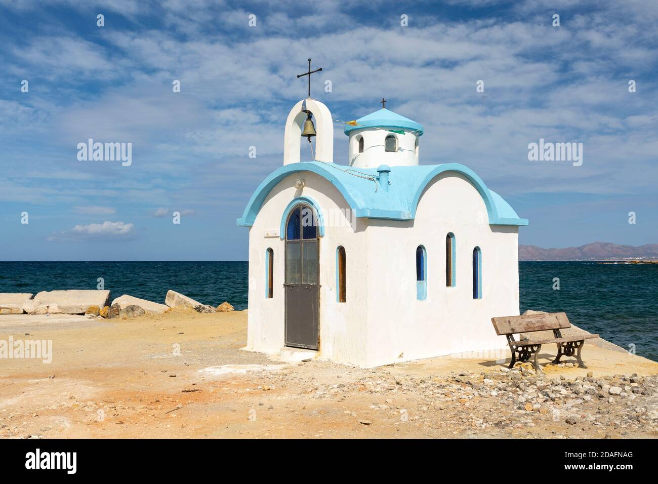 The seaside Church of Agios Dionysios of Olymbos in Galatas, Crete, Greece Stock Photo