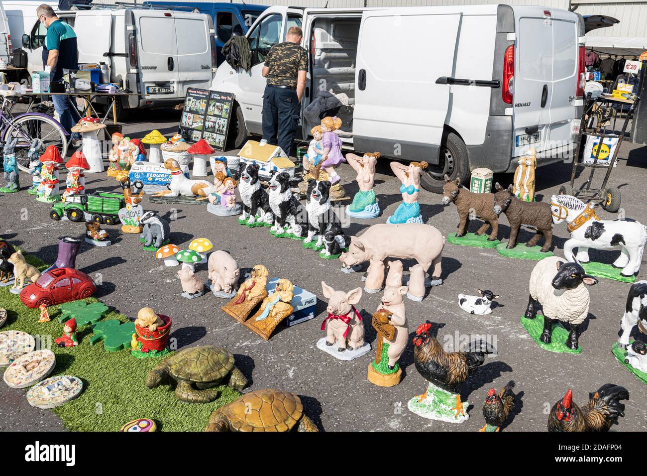 Plaster cast animals, garden decorations at Car boot sale, bric a brac, for sale at a weekly market at Castleinch, County Kilkenny, Ireland Stock Photo