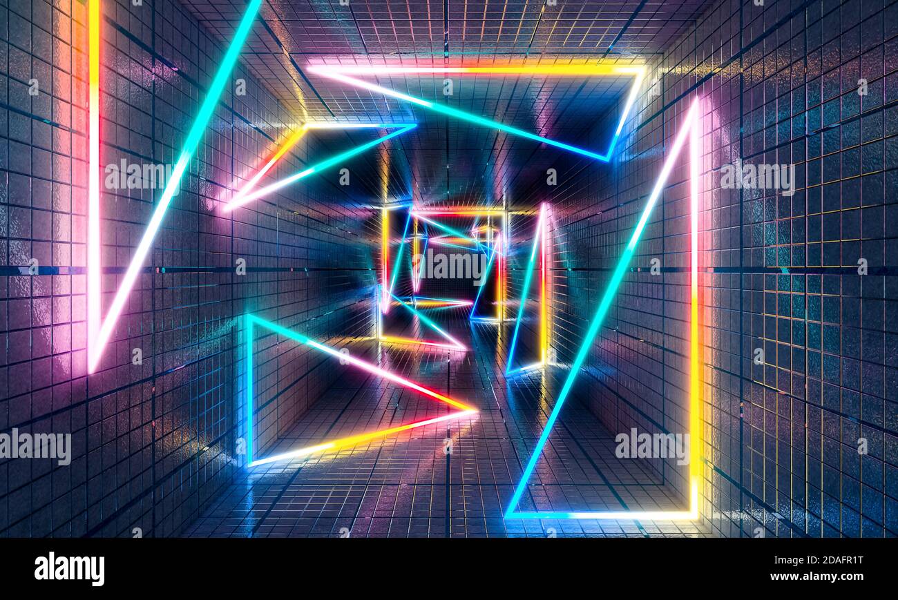 multicolored neon light geometric shapes and triangles in concrete ...